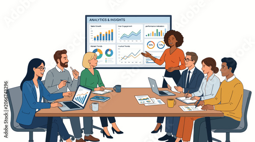 Diverse team collaborating around a conference table with laptops and papers while a businesswoman presents data on a screen.