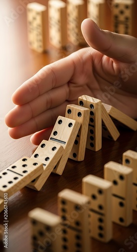 Domino Effect - Hand Stopping a Chain Reaction of Falling Dominoes.