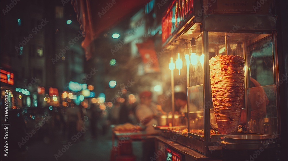 Obraz premium Glowing street food stall featuring a vertical doner kebab rotisserie in a busy urban city at night