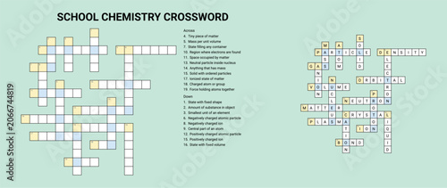 School chemistry crossword puzzle grid on light green background  