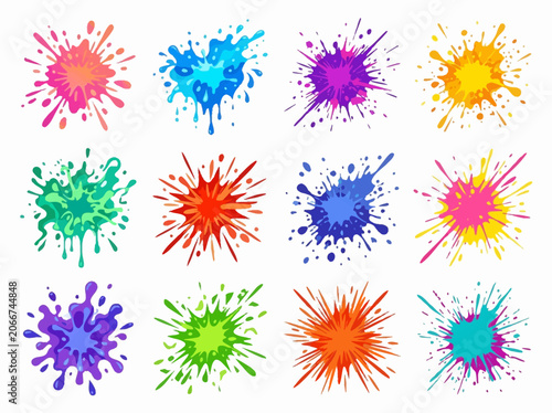 A vibrant collection of colorful paint splashes on a white surface with various artistic expressions.