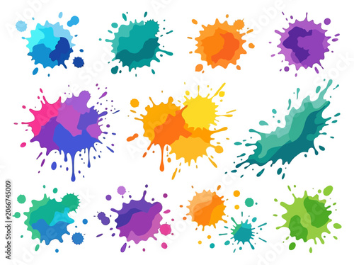 Vibrant colorful paint splatters create dynamic messy art on white background