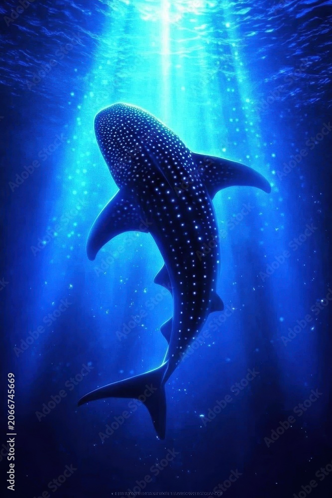 Fototapeta premium Majestic Whale Shark Gliding Through Sunlit Ocean Waters