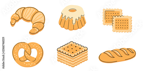 Foto Collection of sweet and savory bakery goods isolated on white background