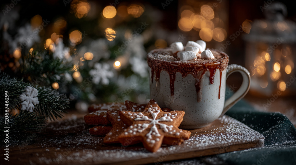 Fototapeta premium Christmas hot cocoa with marshmallows and gingerbread star cookies on wooden board