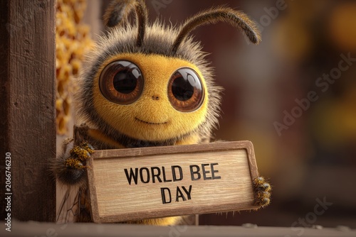 Happy Bee Holding World Bee Day Sign on Honeycomb Background with Copy Space