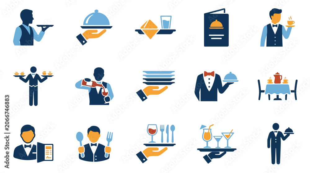 Fototapeta premium Flat vector icons of restaurant waiters and dining service