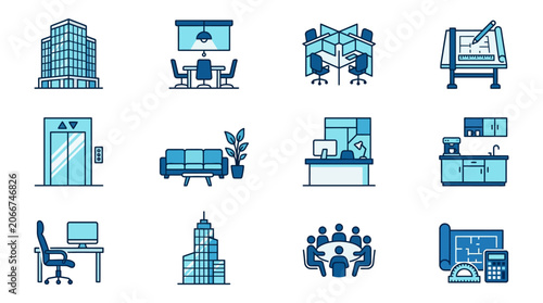 A collection of blue office and business workspace icons