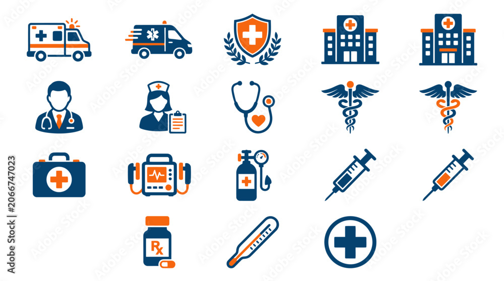 Fototapeta premium Set of blue and orange medical icons on a white background