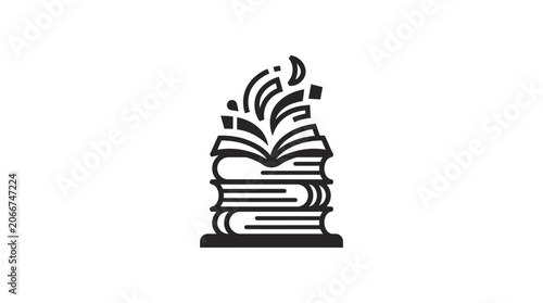 Minimalist black and white icon of a stack of books with pages opening like flames.
