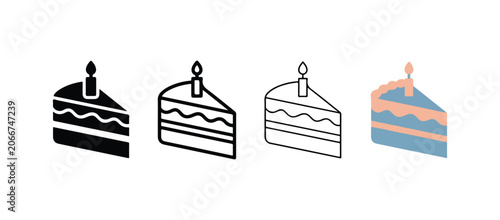 cake slice icons with candle on top  cake slices with layers and wavy frosting lines  illustration of birthday cake pieces