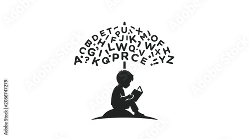 A silhouette of a young child reading a book under a canopy of floating alphabet letters.
