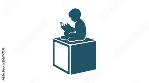 A minimalist silhouette of a child sitting on a cube and reading a book.