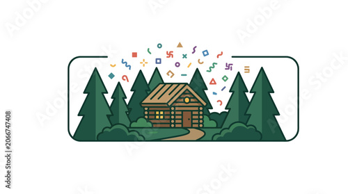 A cozy log cabin nestled in a dense pine forest with floating geometric symbols.