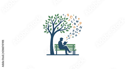 A silhouette of a person reading a book under a tree with floating letters.