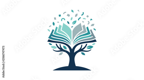 A stylized tree logo featuring an open book as its canopy with floating leaves.