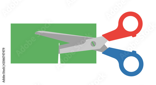 A pair of colorful scissors cutting through a green rectangular paper shape.