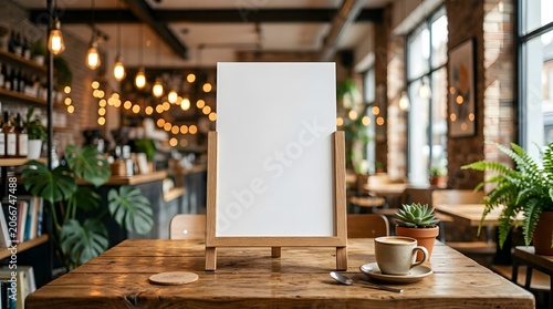 Blank Poster Mockup on Cafe Table in Modern Coffee Shop Interior Advertising Display