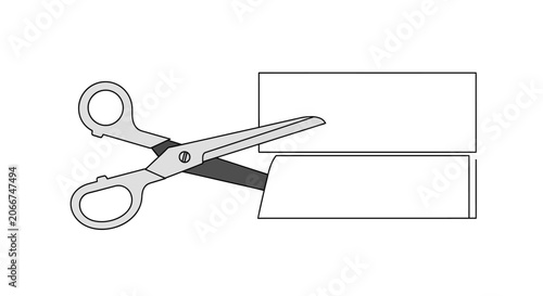 A pair of metal scissors cutting through a rectangular paper strip.