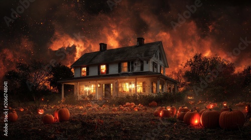 Spooky Halloween Mansion Surrounded by Illuminated Jack O Lanterns