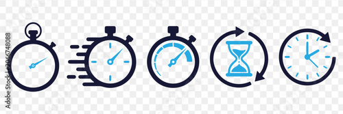 Fotografija Time measurement icons including stopwatch hourglass and clock face on transpare