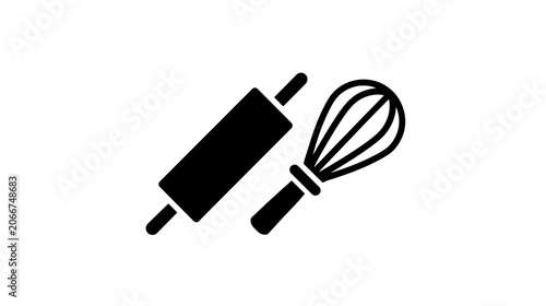 Black silhouette of a rolling pin and whisk on transparent background