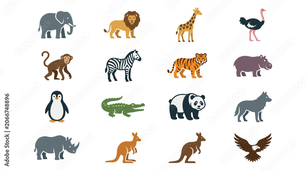 Obraz premium Flat vector icons of various wild animals on a white background