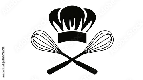 Black silhouette of a chefs hat with crossed whisks on transparent background