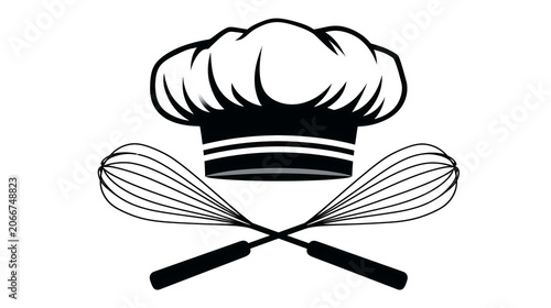 Black and white illustration of chef hat with crossed whisks isolated on transparent background