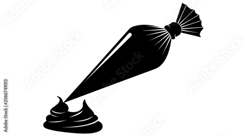 Black silhouette of a pastry bag with frosting on transparent background