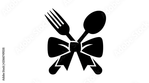 Black silhouette of a bow with crossed fork and spoon isolated on transparent background