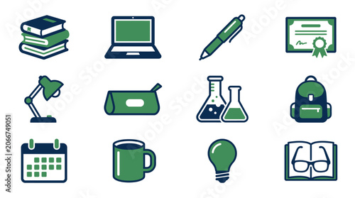 Vector education and school icons set in green and blue