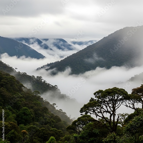 Misty Cloud Forest - A Serene Landscape of Mountains and Trees.