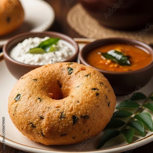 Crispy Medu Vada with Sambar and Coconut Chutney - A South Indian Delight.