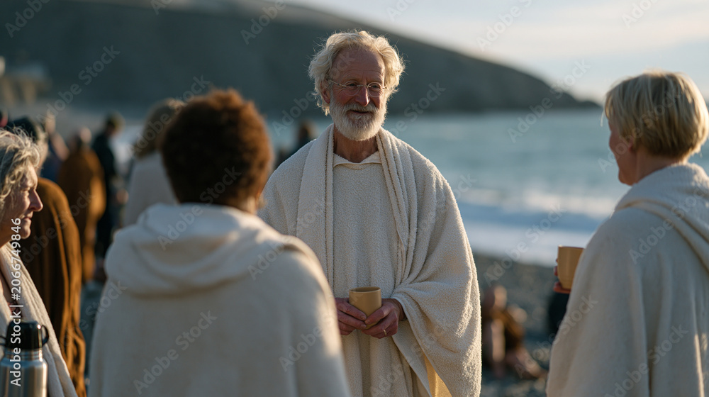 Fototapeta premium Cold water swimming club members on a pebble beach toweling off after a winter sea swim, laughter and shivering together in a circle, thermos cups of tea passing between them,