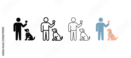 Stick figures of people with dogs sitting and being fed treats  dog training and interaction