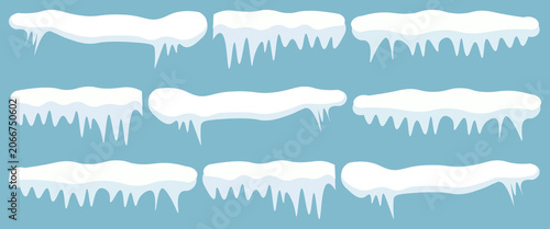 Fotografie Set of snowy icicles, snow caps vector winter elements