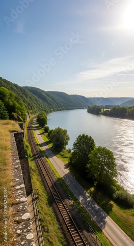 Scenic River View with Railroad Tracks and Lush Greenery.