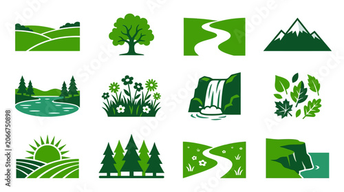 A collection of green nature and landscape vector icons