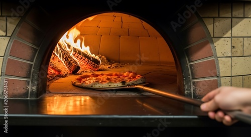 Pizza baking in a wood-fired oven with hand holding a peel.