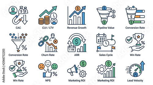 Business Metrics Icons: CAC, LTV, Revenue, Sales Funnel, ROI, NPS