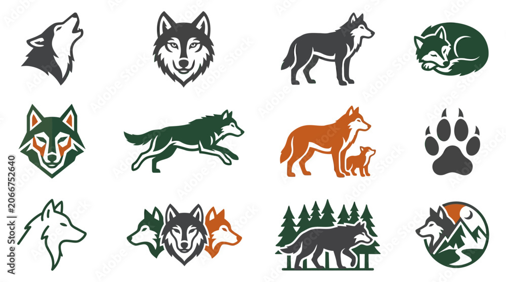 Fototapeta premium Collection of minimalist wolf vector icons on a white background
