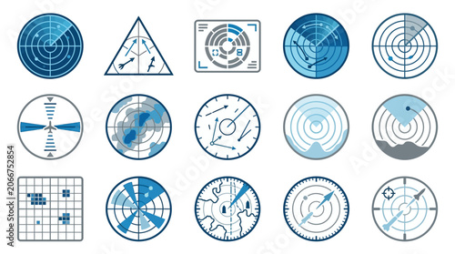 Vector icons of various radar and sonar screen displays
