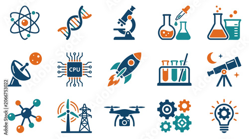 Set of flat science and technology icons on a white background