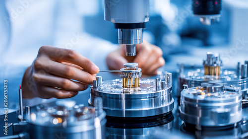 Scientist using precision microscope to examine semiconductor wafers in laboratory. Close-up of hands holding microchip components during quality control testing in modern research facility.