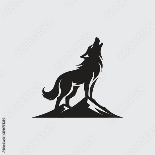 Wolf on rock silhouette against a light gray background