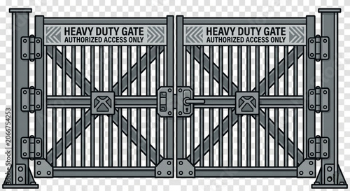 a detailed 2D illustration of a double industrial security gate. The grey metallic gates feature vertical bars reinforced with a crossbeam pattern (X-bracing) for added stability. Each side