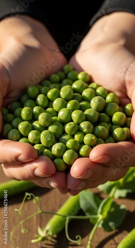 Freshly Harvested Green Peas Held in Hands, Close-Up View.