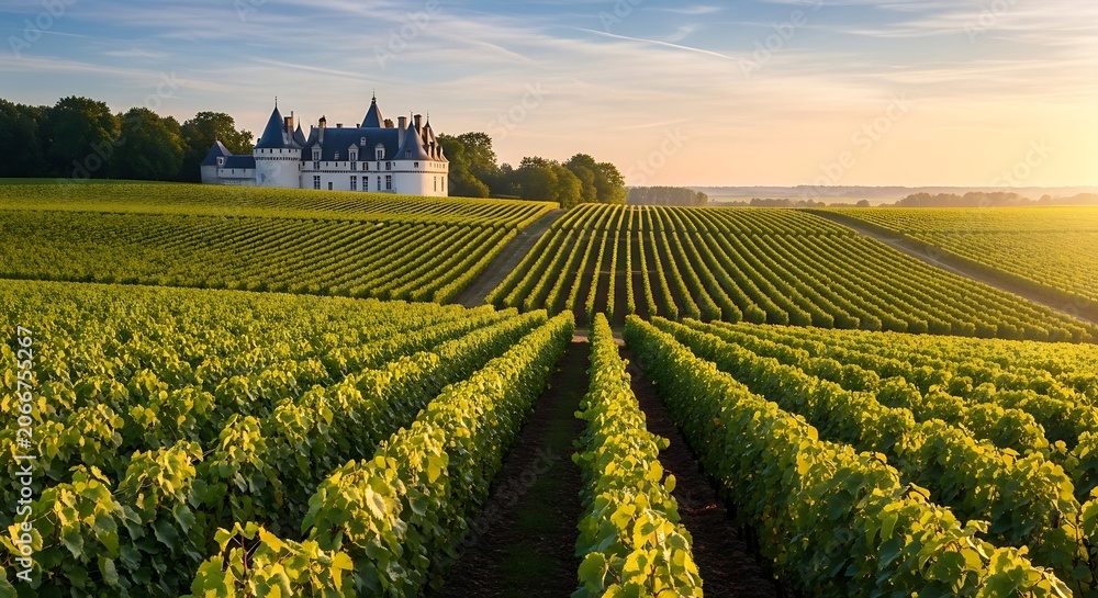 Fototapeta premium Vineyard Landscape with Chateau in Loire Valley at Sunset.