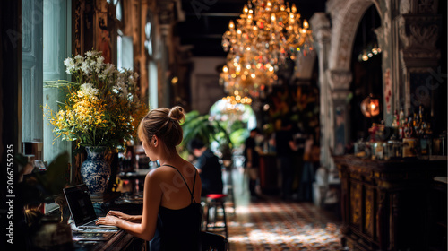 Woman working on laptop at night in a charming European street alley, illuminated by warm golden lights and decorative flowers, blending modern work with historic architecture.